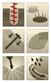 Images showing drilling, stormwater management, slope stabilization, foundation construction, grading, and demolition.